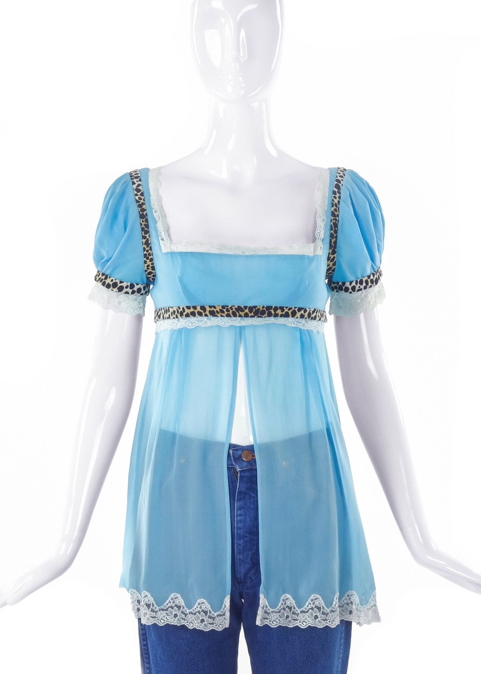 D&G by Dolce & Gabbana Blue Chiffon Baby Doll Top with Leopard Print Details FW2005 D&G by Dolce & Gabbana Blue Chiffon Baby Doll Top with Leopard Print Details FW2005