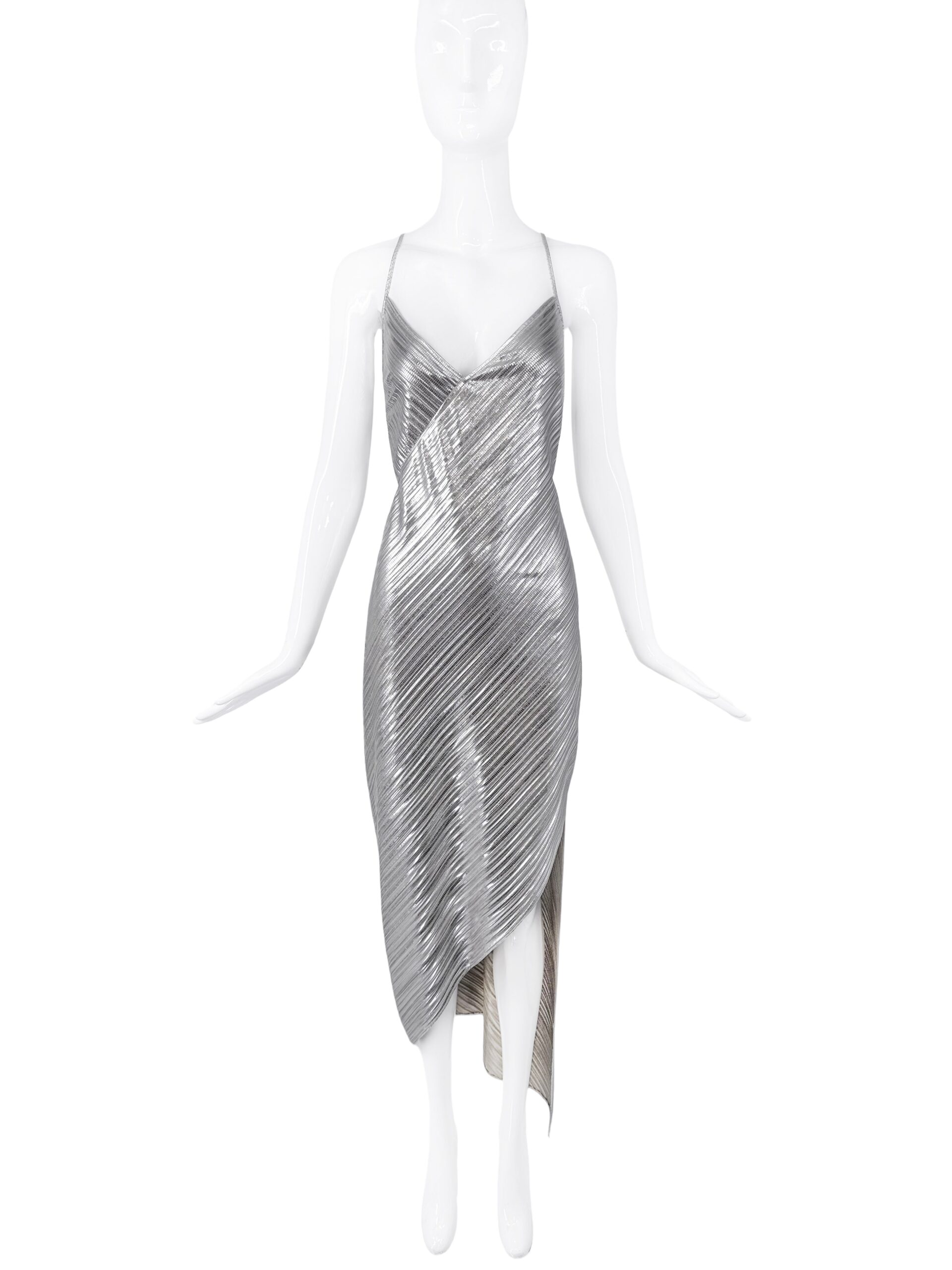 David Koma Silver Metallic Asymmetric Slit Wrap Dress Gown David Koma Silver Metallic Asymmetric Slit Wrap Dress Gown