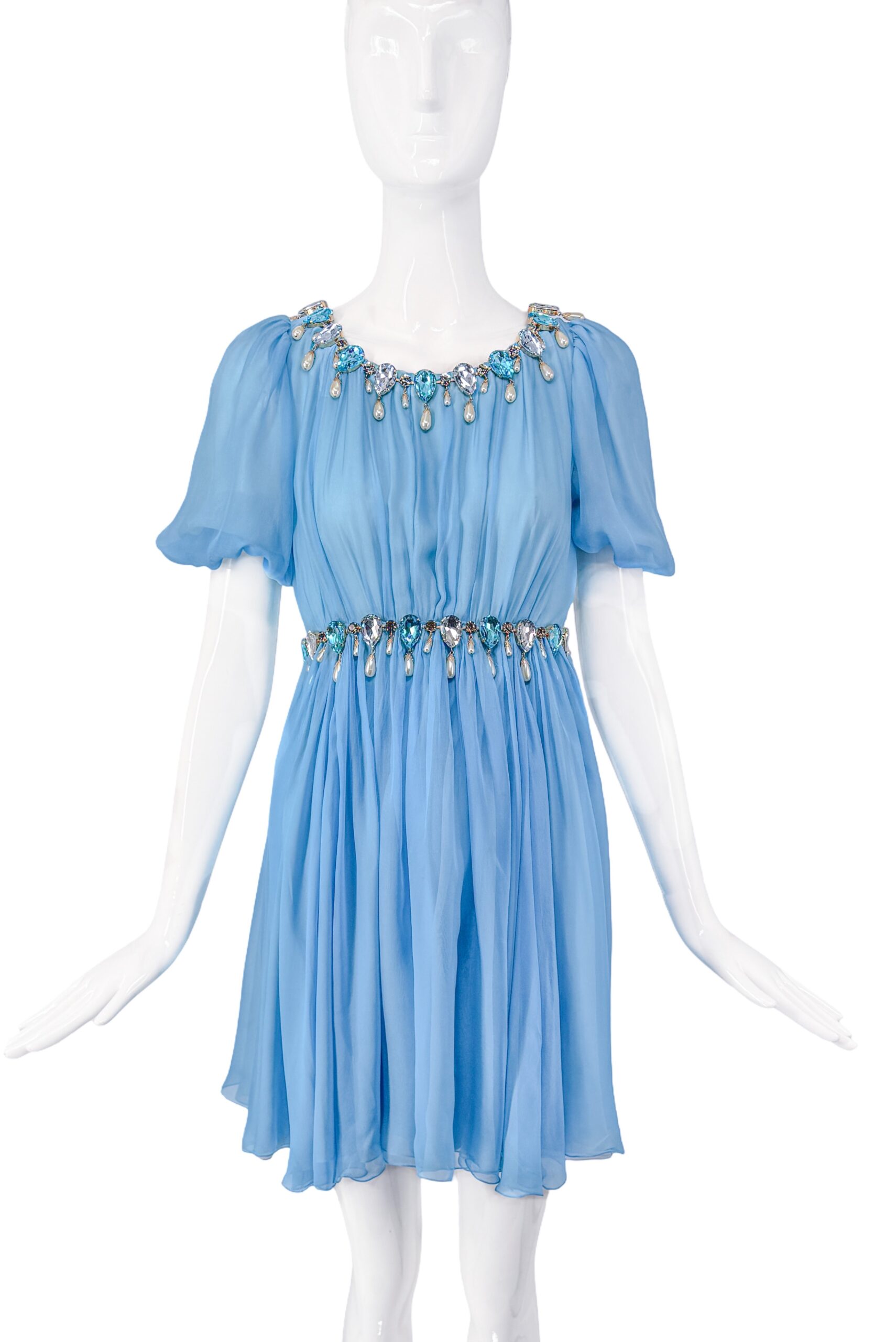 Dolce & Gabbana Light Blue Babydoll Crystal & Pearl Embellished Dress Dolce & Gabbana Light Blue Babydoll Crystal & Pearl Embellished Dress