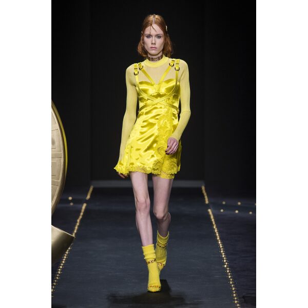 Versace Yellow Buckle Straps Lace Mini Dress FW 2019