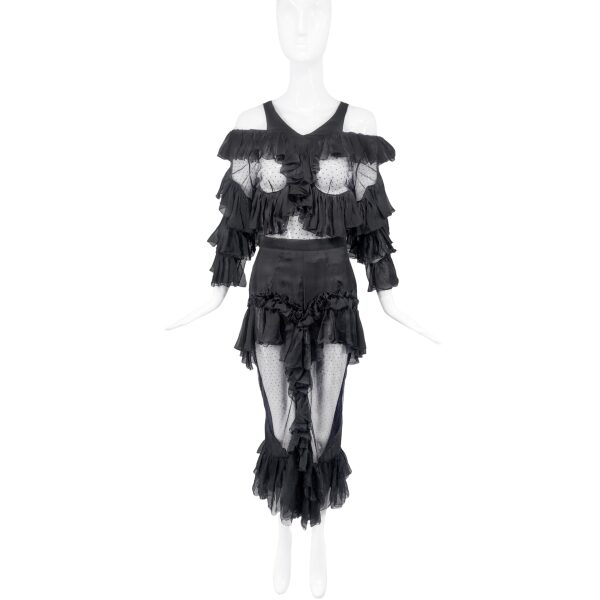 Francesco Scognamiglio Black Sheer Mesh Ruffle Midi Skirt SS2016