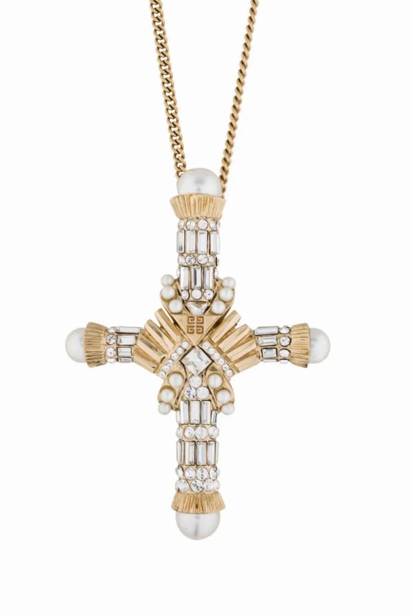 Givenchy Gold Diamond and Pearl Logo Cross Necklace Givenchy Gold Diamond and Pearl Logo Cross Necklace