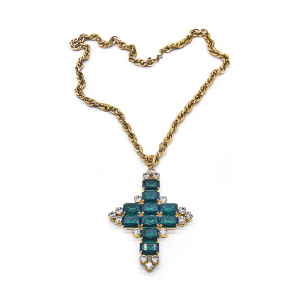 Vintage Emerald Green Reversible Massive Gold and Diamond Cross Necklace