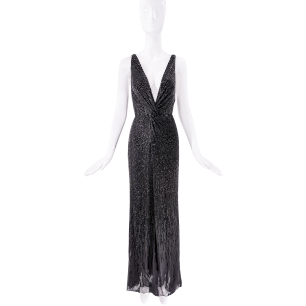 Roberto Cavalli Black Crystal Beaded Plunging Neckline Gown