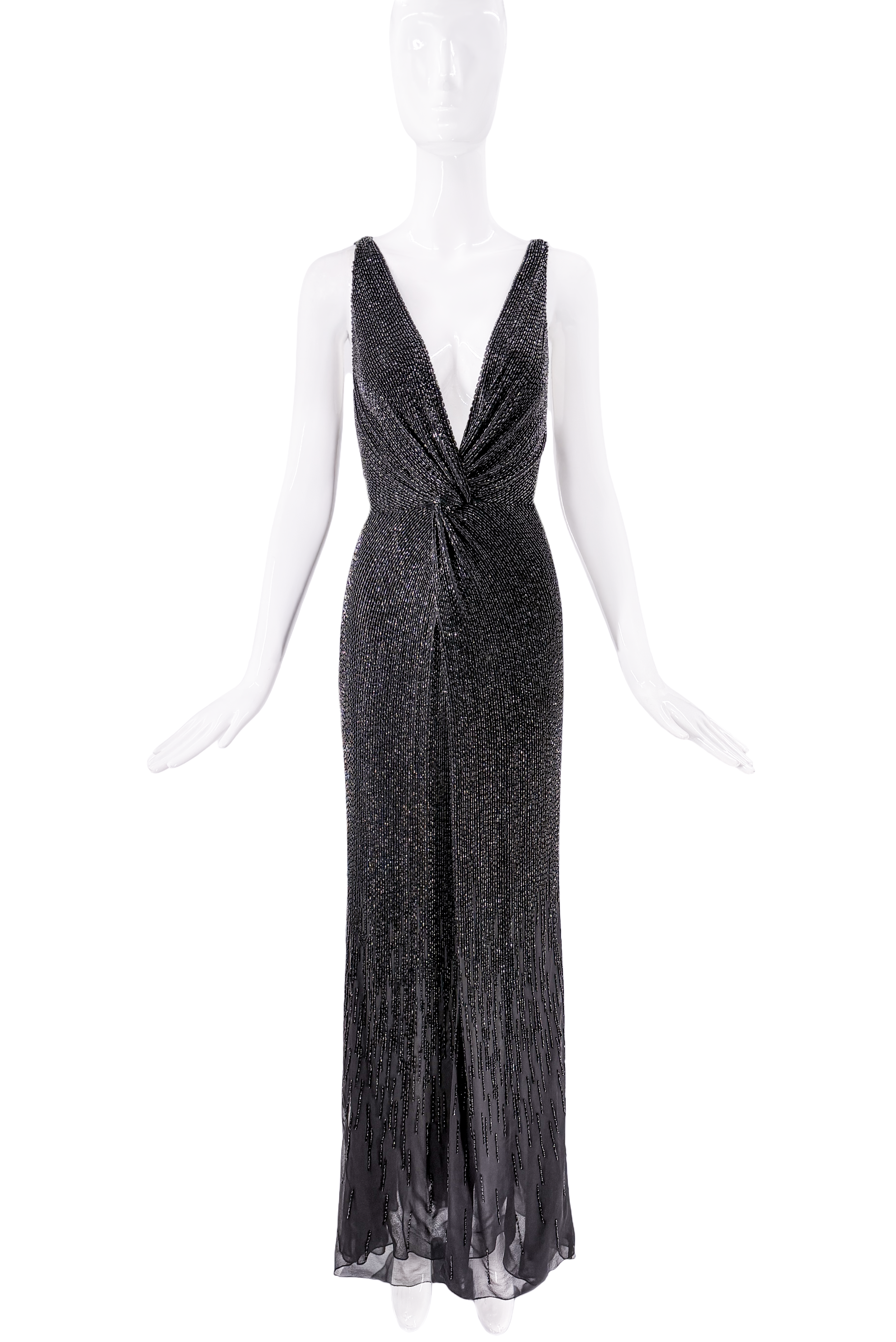 Roberto Cavalli Black Crystal Beaded Plunging Neckline Gown Roberto Cavalli Black Crystal Beaded Plunging Neckline Gown