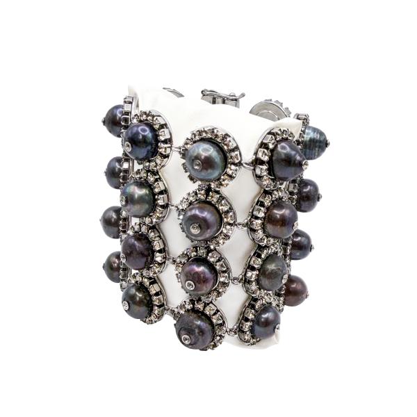 Valentino Black Pearl Pavé Crystal Wide Link Bracelet