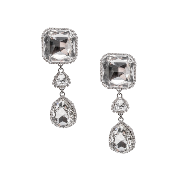 Alessandra Rich Silver Pavé Square Triangle Teardrop Crystal Drop Earrings
