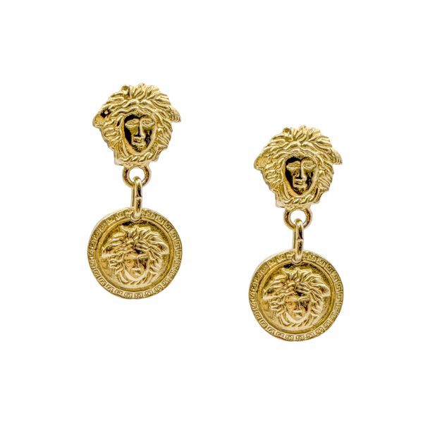 Versace Gold Double Logo Medallion Drop Earrings