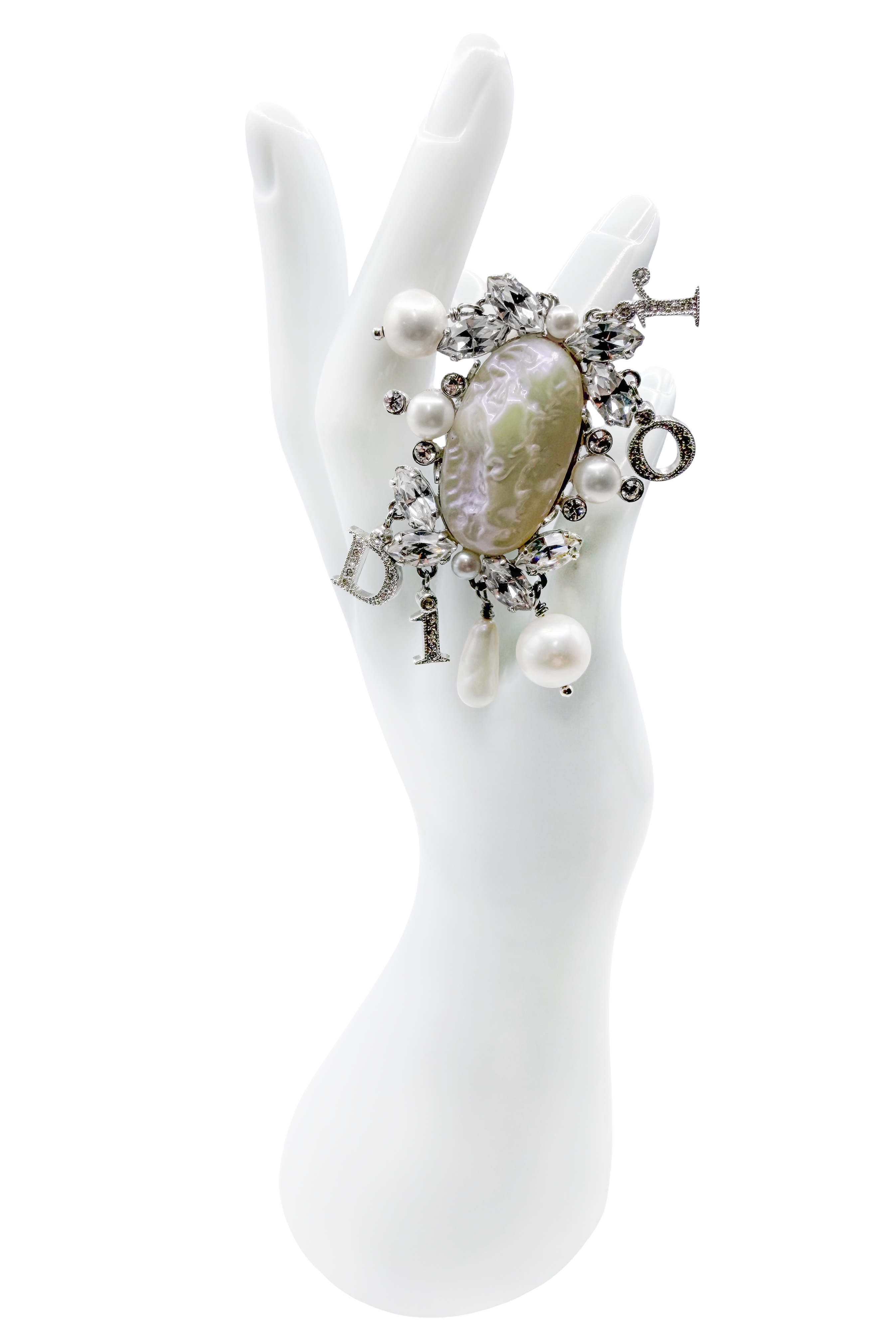 Christian Dior Silver Pearl Logo Charm Ring Christian Dior Silver Pearl Logo Charm Ring
