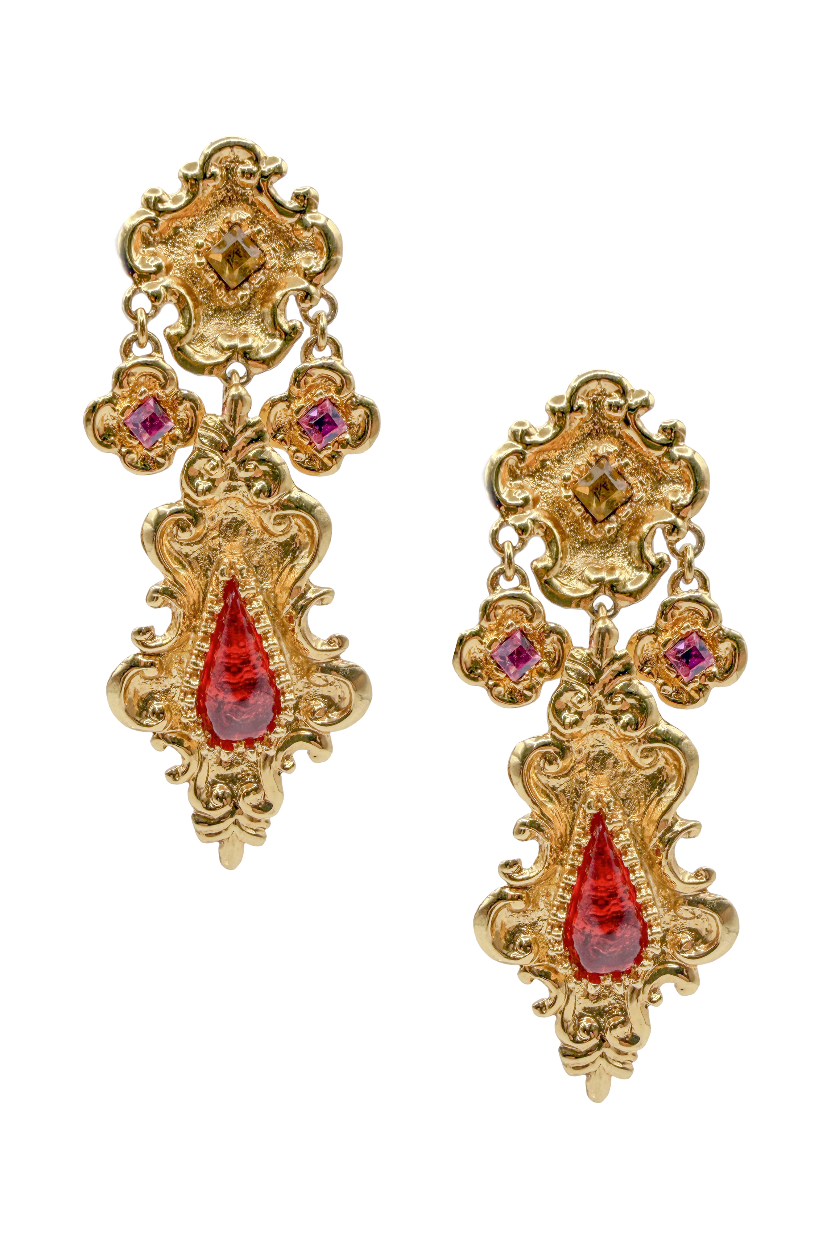 Christian Lacroix Gold With Purple Red and Yellow Stones Embellished Drop Earrings Christian Lacroix Gold With Purple Red and Yellow Stones Embellished Drop Earrings
