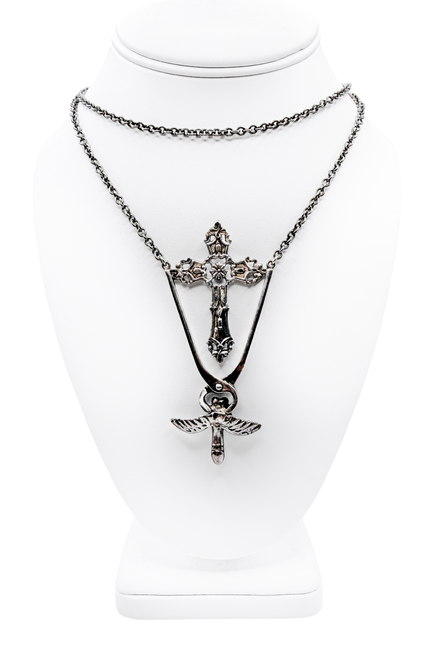 Blackened Silver Double Chain Cross Winged Tip Necklace Blackened Silver Double Chain Cross Winged Tip Necklace