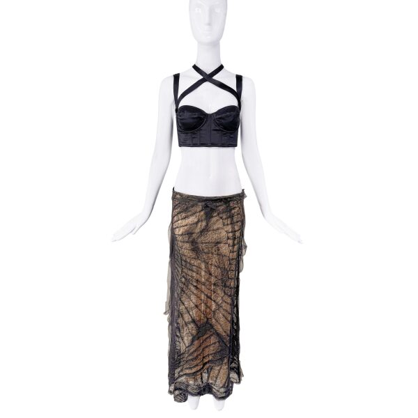Roberto Cavalli Black and Gold Mesh Lace Patterned Maxi Skirt Spring 2001