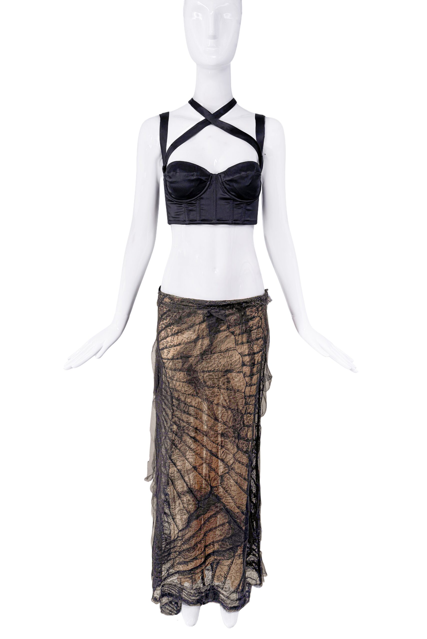 Roberto Cavalli Black and Gold Mesh Lace Patterned Maxi Skirt Spring 2001 Roberto Cavalli Black and Gold Mesh Lace Patterned Maxi Skirt Spring 2001