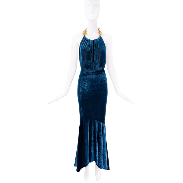 Schiapparelli Blue Velvet Gold Leaf Collar Mermaid Gown