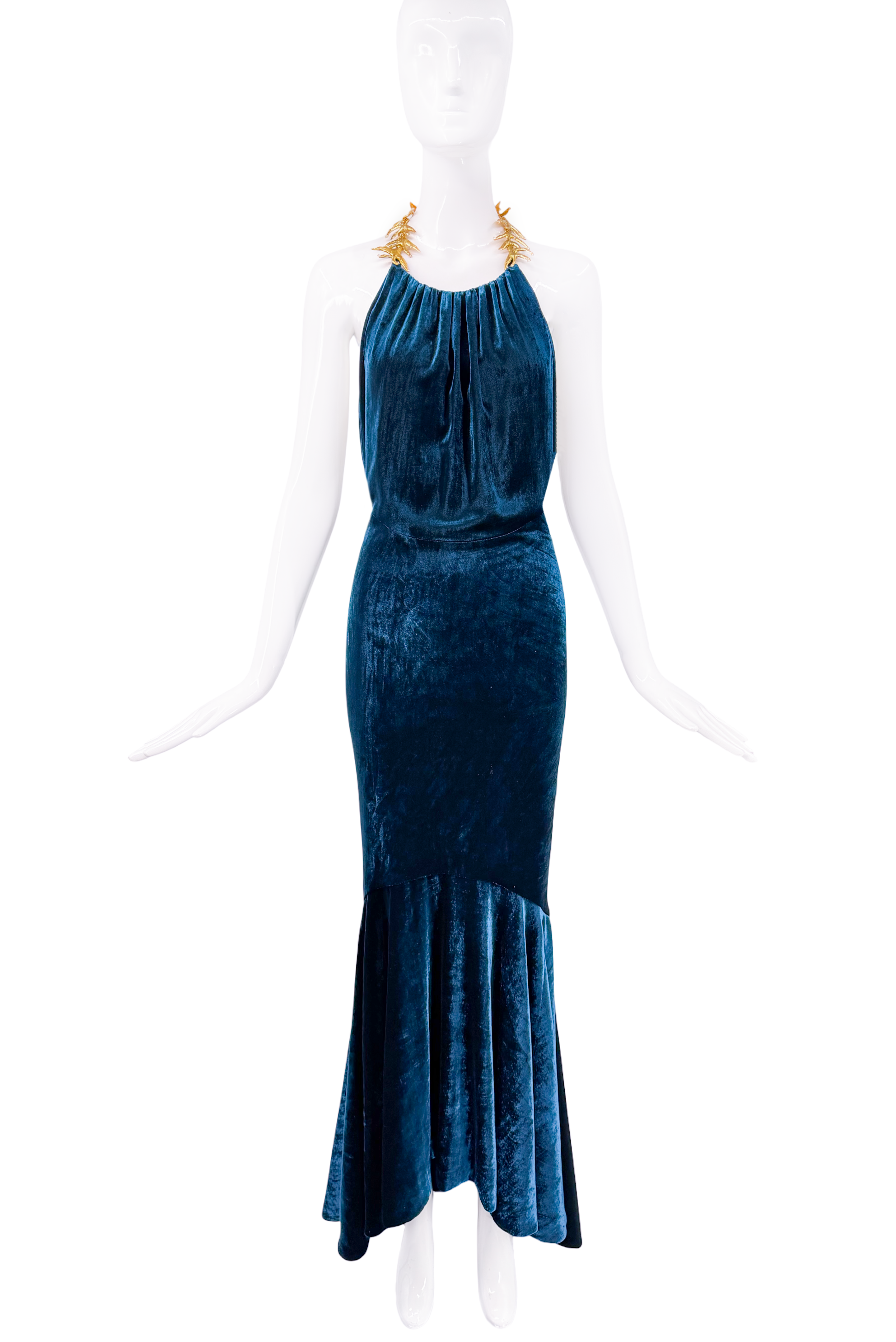 Schiapparelli Blue Velvet Gold Leaf Collar Mermaid Gown Schiapparelli Blue Velvet Gold Leaf Collar Mermaid Gown