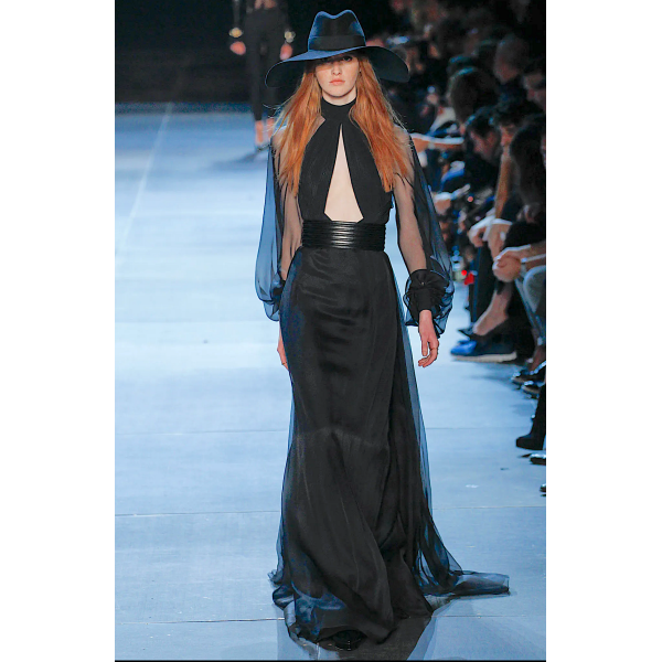 Saint Laurent Black Chiffon Halter Neck Mesh Cut Out Gown SS13