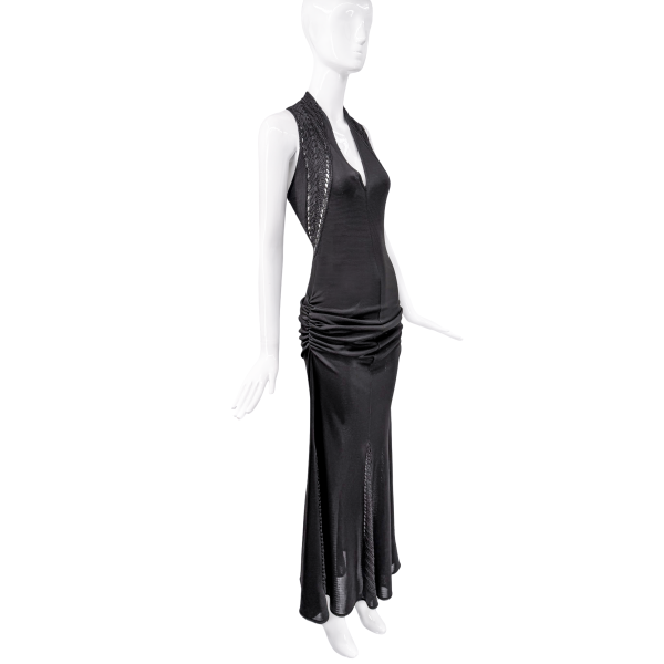 Mugler Black Knit Ruched Waist Crocheted Back Gown
