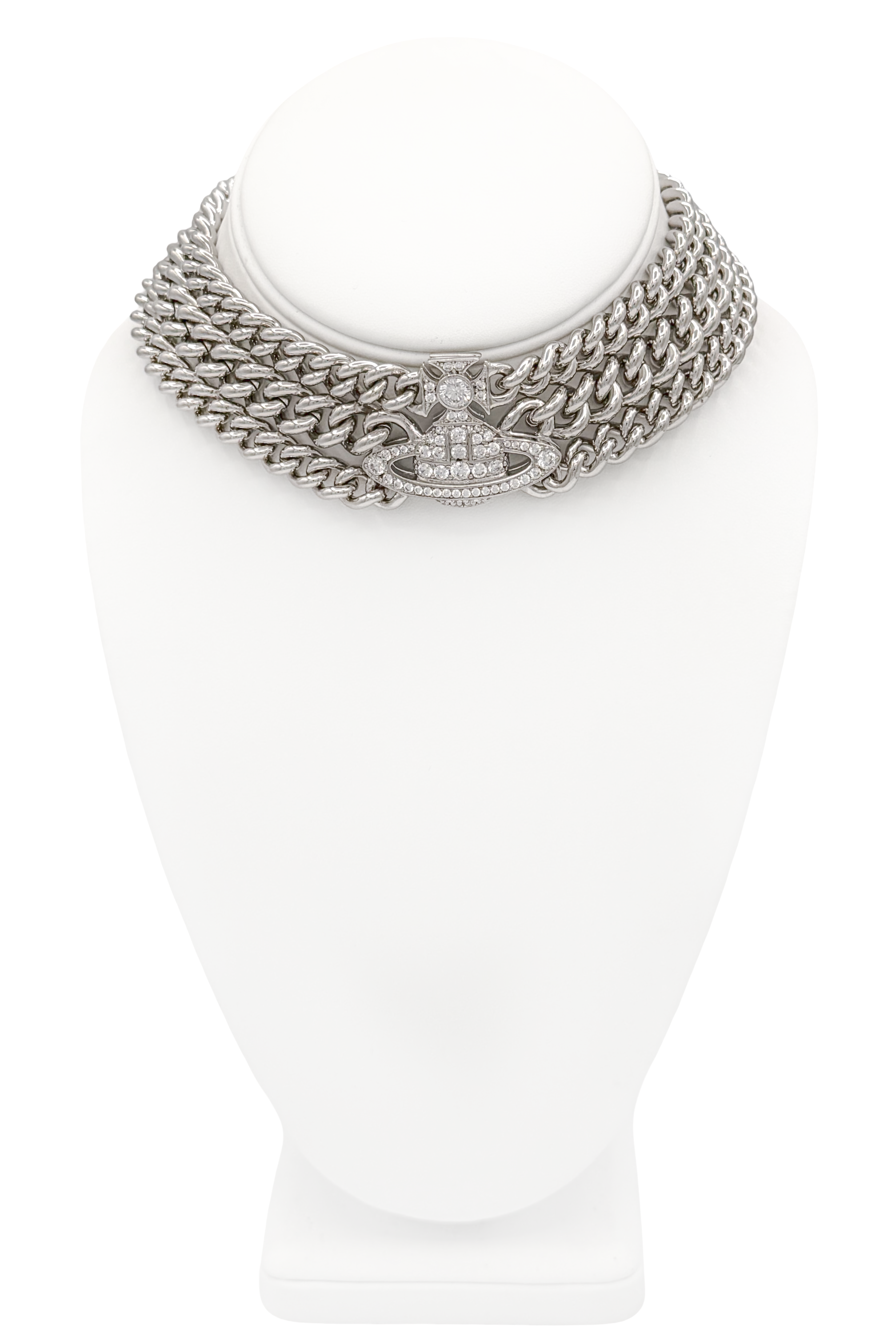 Vivienne Westwood Silver Three Chain Crystal Orb Pendant Choker Necklace Vivienne Westwood Silver Three Chain Crystal Orb Pendant Choker Necklace