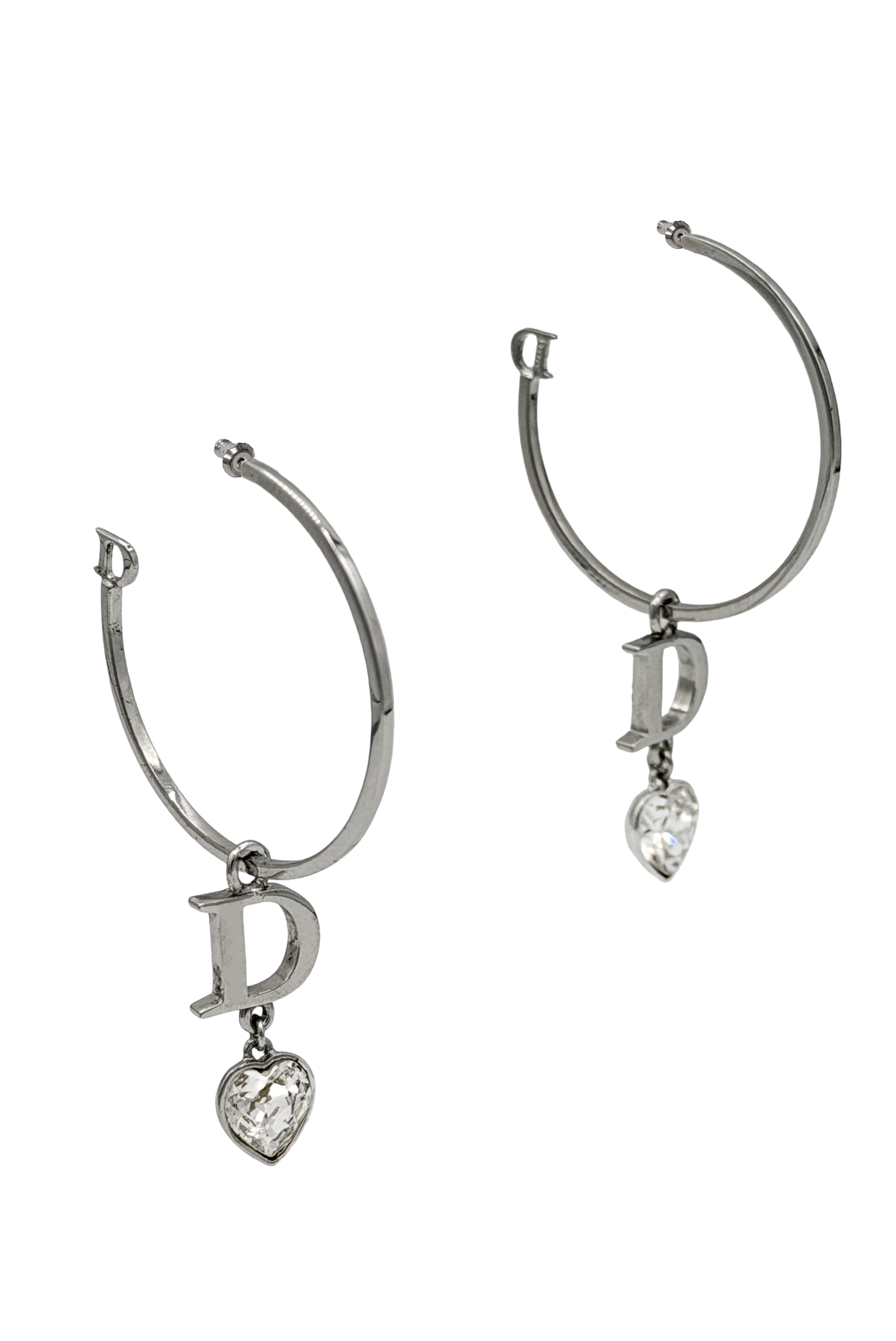 Christian Dior Silver D Logo Crystal Heart Drop Hoop Earrings Christian Dior Silver D Logo Crystal Heart Drop Hoop Earrings