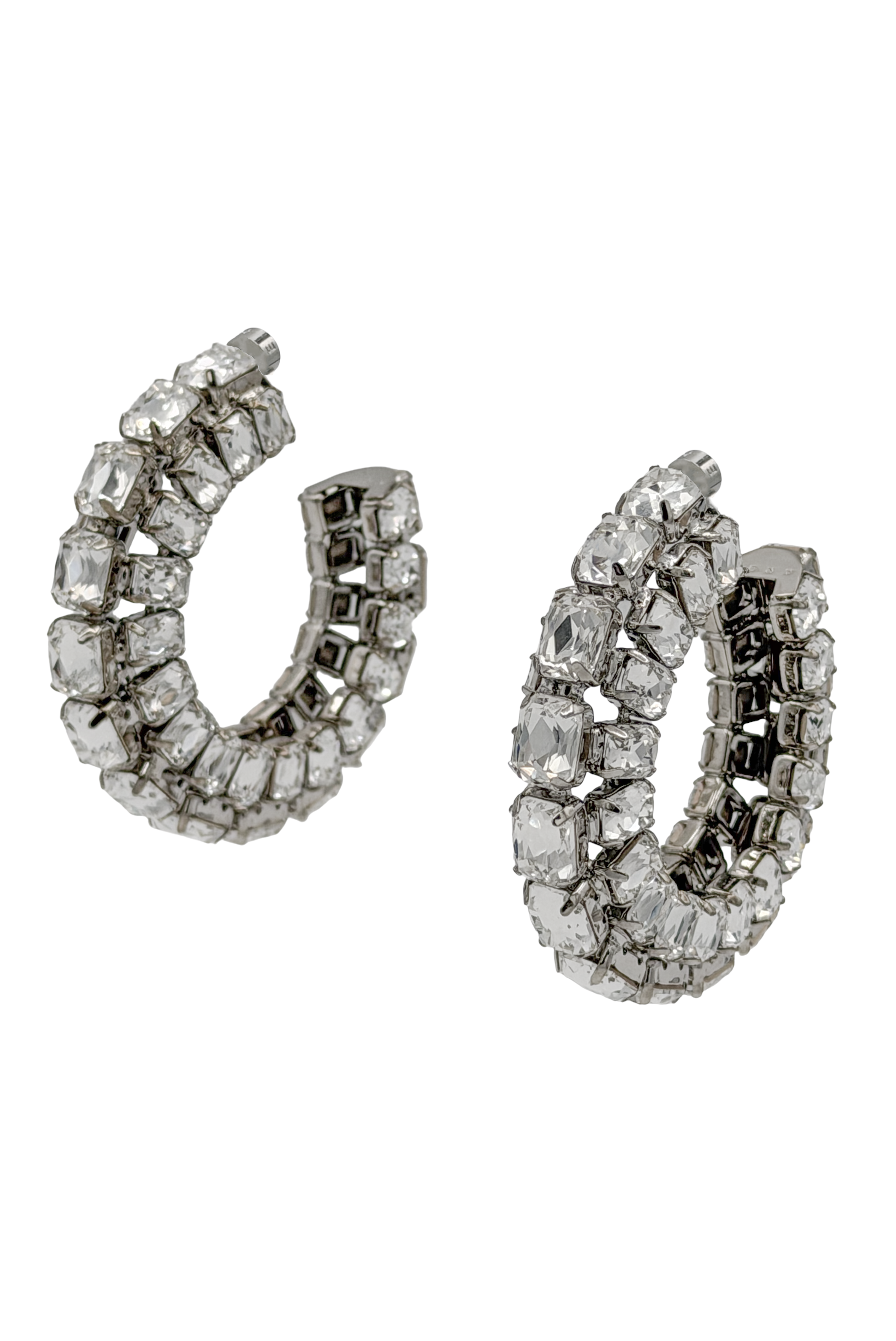 Area Silver Three Sided Baguette Crystal Hoop Earrings Area Silver Three Sided Baguette Crystal Hoop Earrings