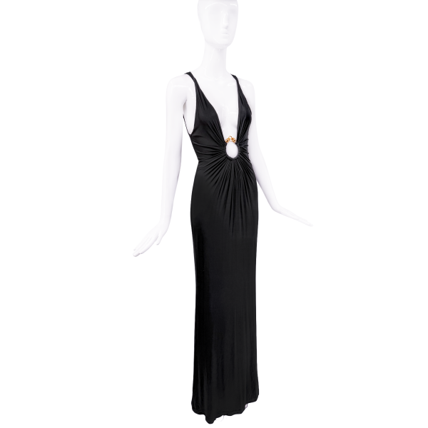 Roberto Cavalli Black Ruched Low Cut Gold Snake Ring Gown