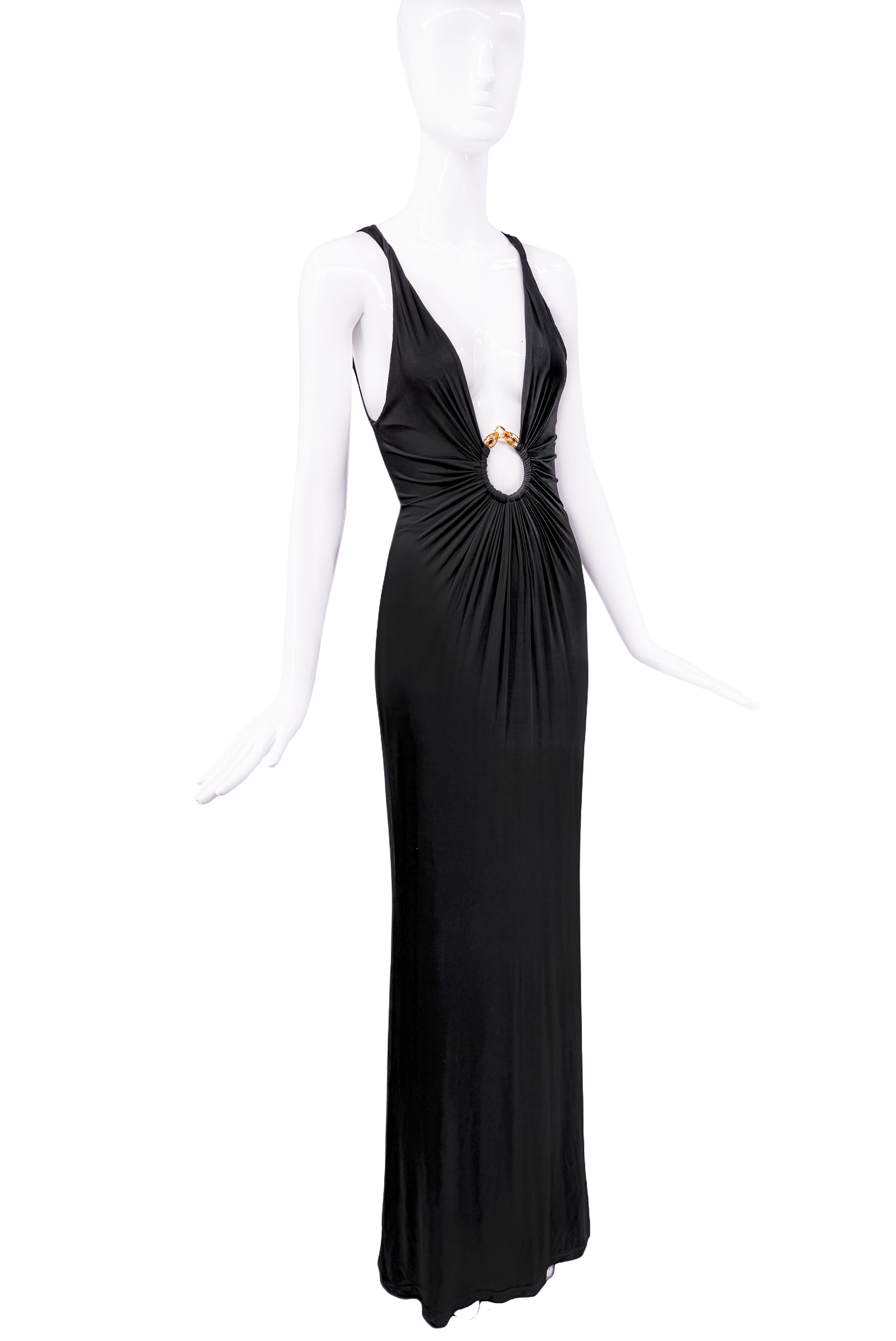 Roberto Cavalli Black Ruched Low Cut Gold Snake Ring Gown Roberto Cavalli Black Ruched Low Cut Gold Snake Ring Gown