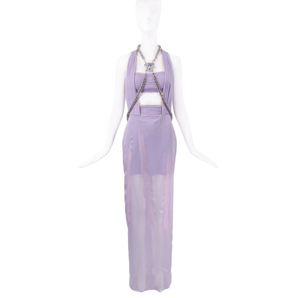 Versace Purple Lavender Cut Out Mesh Gown With Medusa Silver Metal Harness