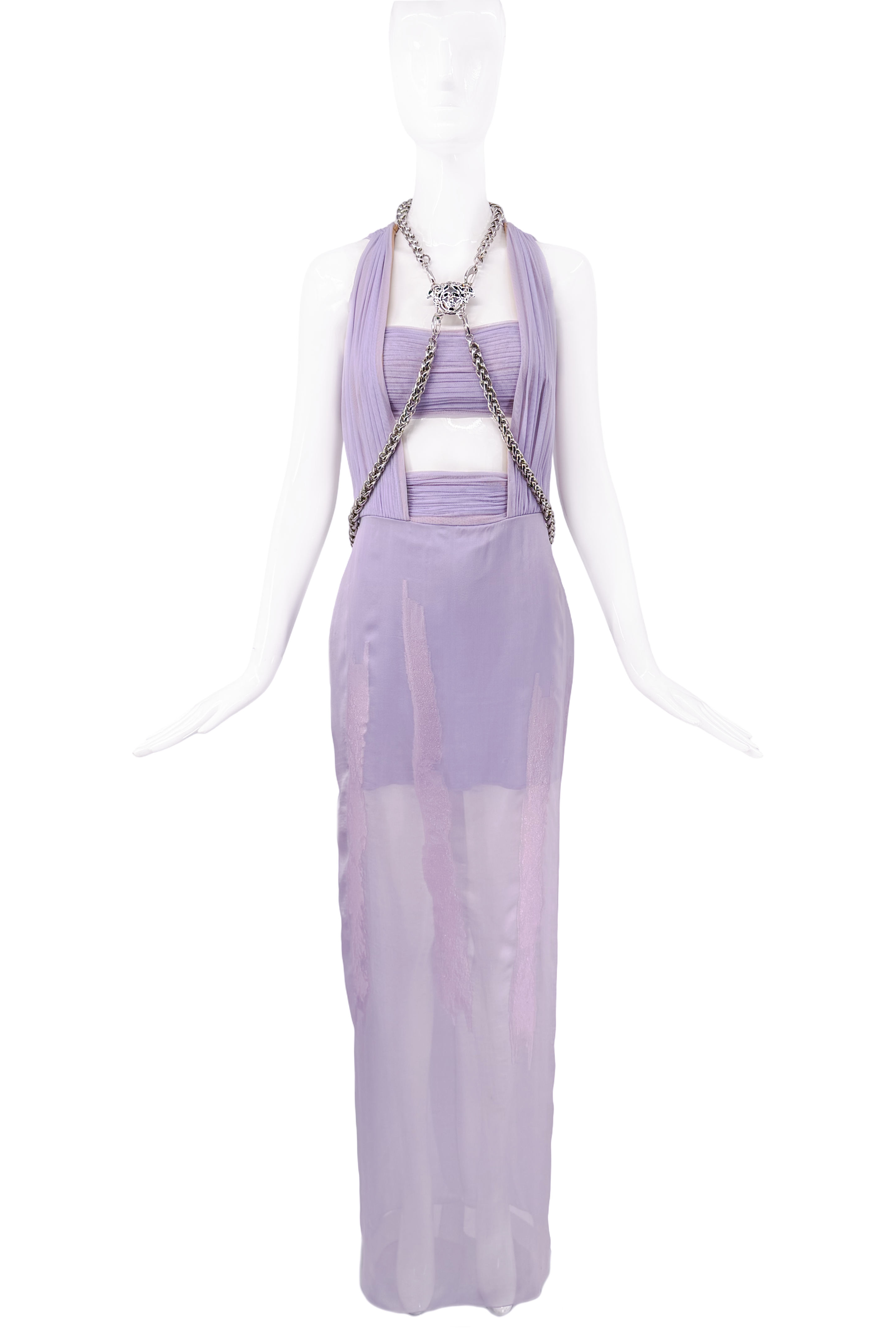 Versace Purple Lavender Cut Out Mesh Gown With Medusa Silver Metal Harness Versace Purple Lavender Cut Out Mesh Gown With Medusa Silver Metal Harness