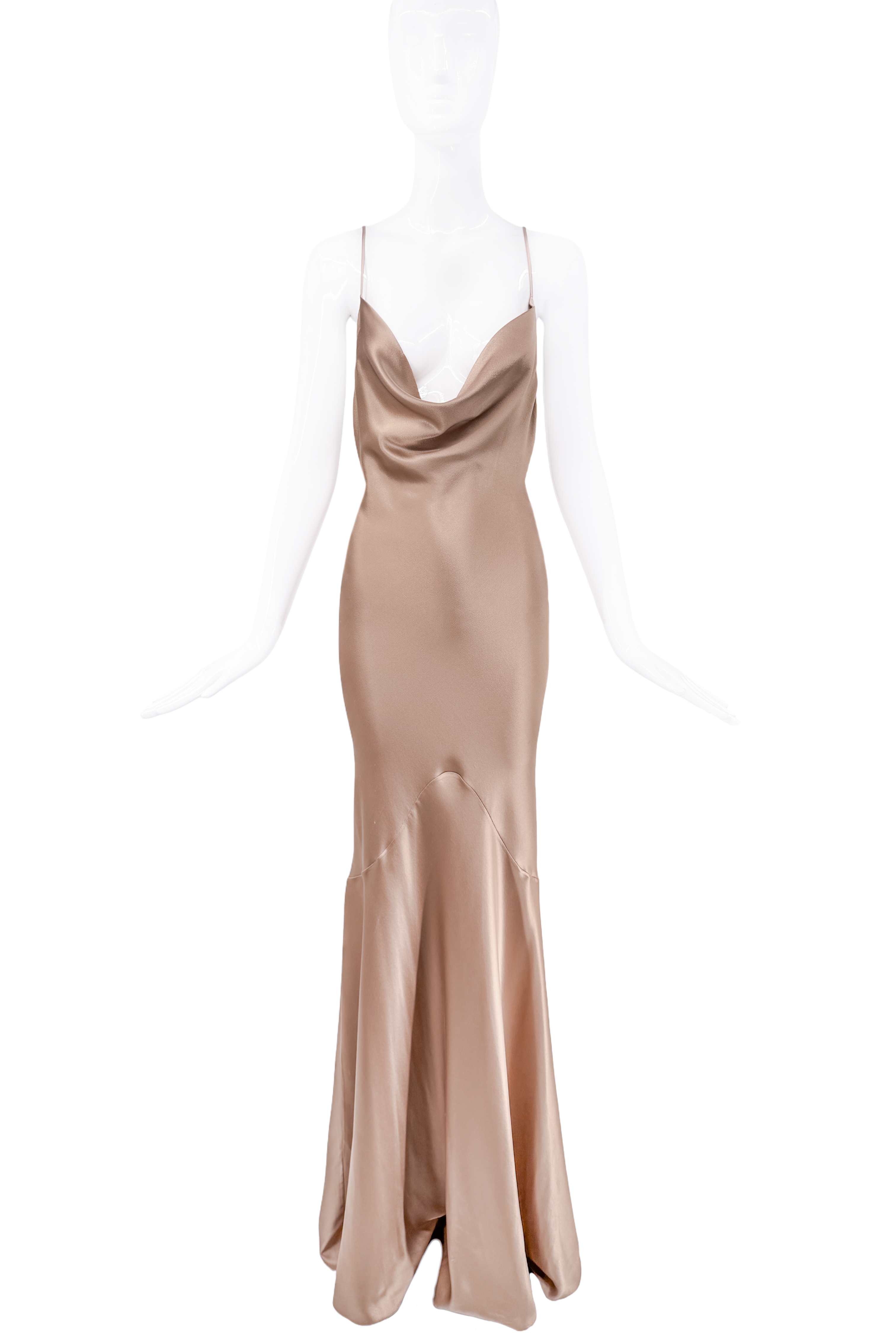 Saint Laurent Light Brown Tan Silk Satin Open Back Bias Cut Gown Saint Laurent Light Brown Tan Silk Satin Open Back Bias Cut Gown