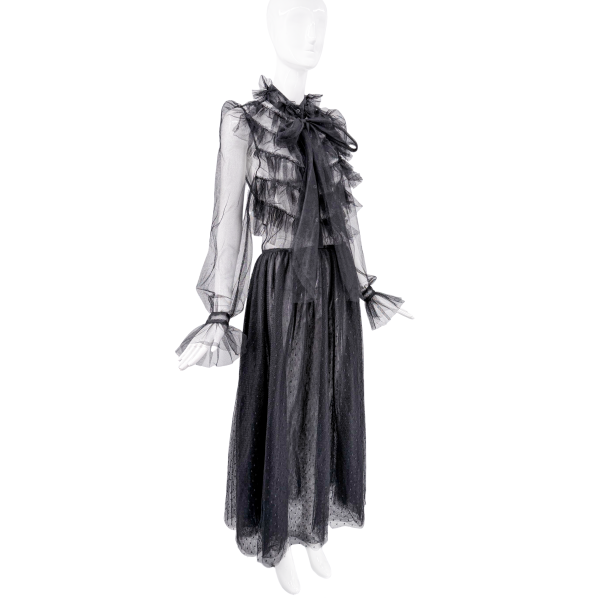 Valentino Black Mesh Ruffle Polka Dot Tie Gown