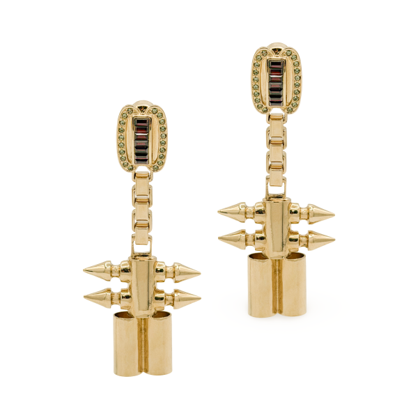 Mawi Gold Green and Red Rhinestones Spiked Chain Drop Earrings