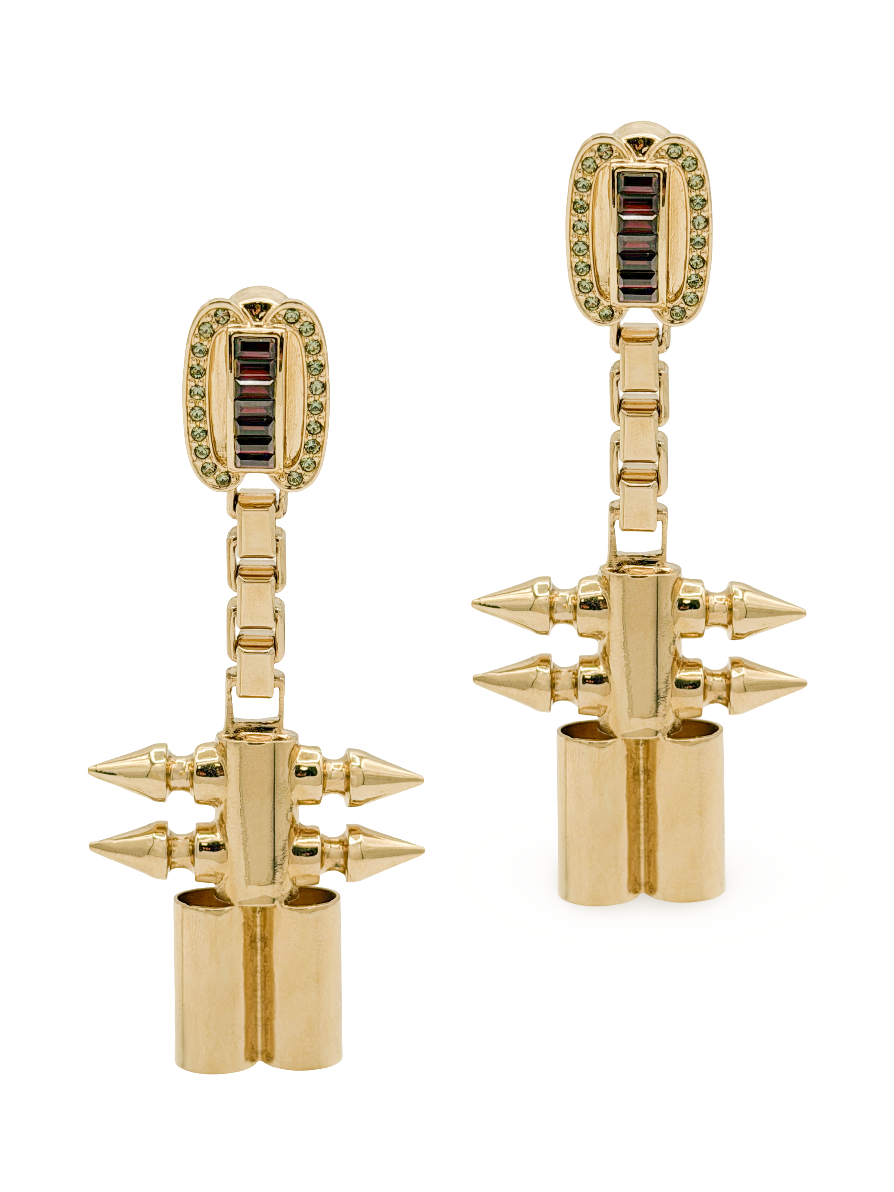 Mawi Gold Green and Red Rhinestones Spiked Chain Drop Earrings Mawi Gold Green and Red Rhinestones Spiked Chain Drop Earrings