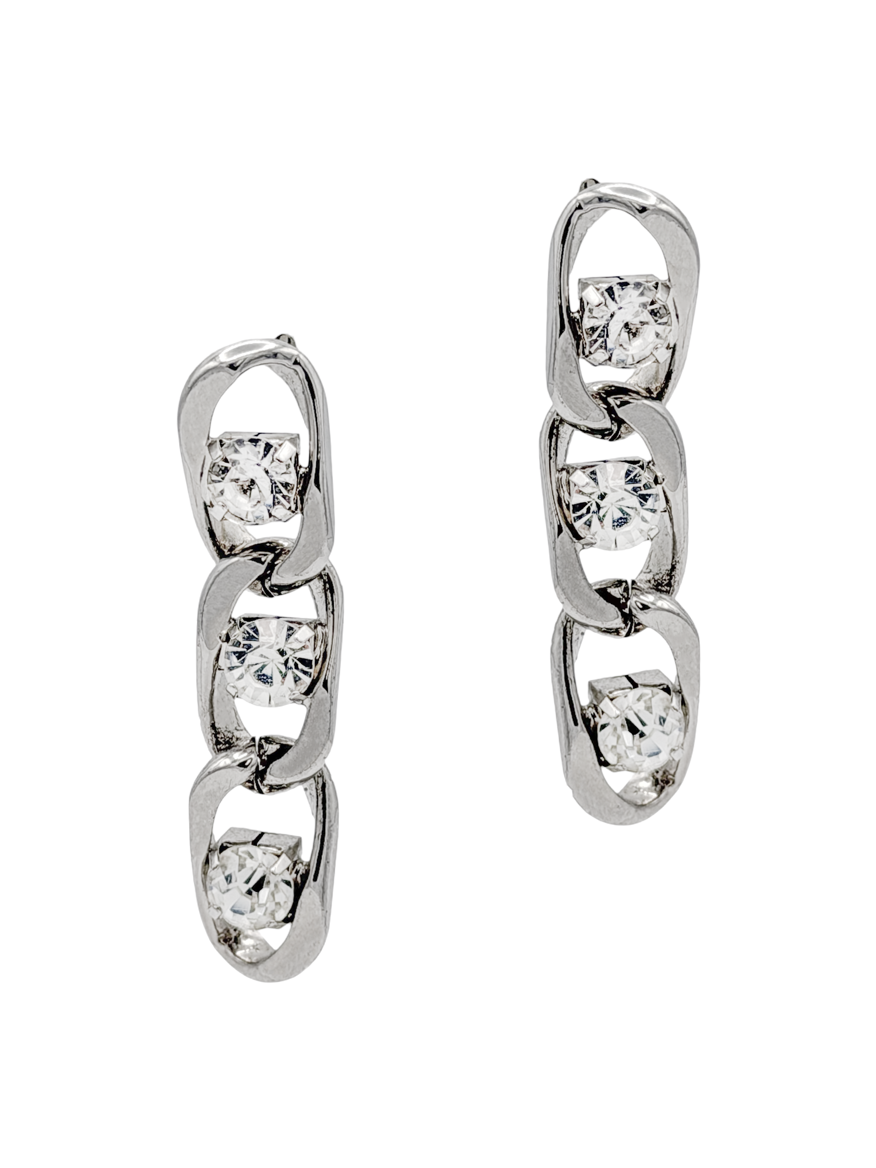 Vintage Silver Chain Link Crystal Drop Earrings Vintage Silver Chain Link Crystal Drop Earrings
