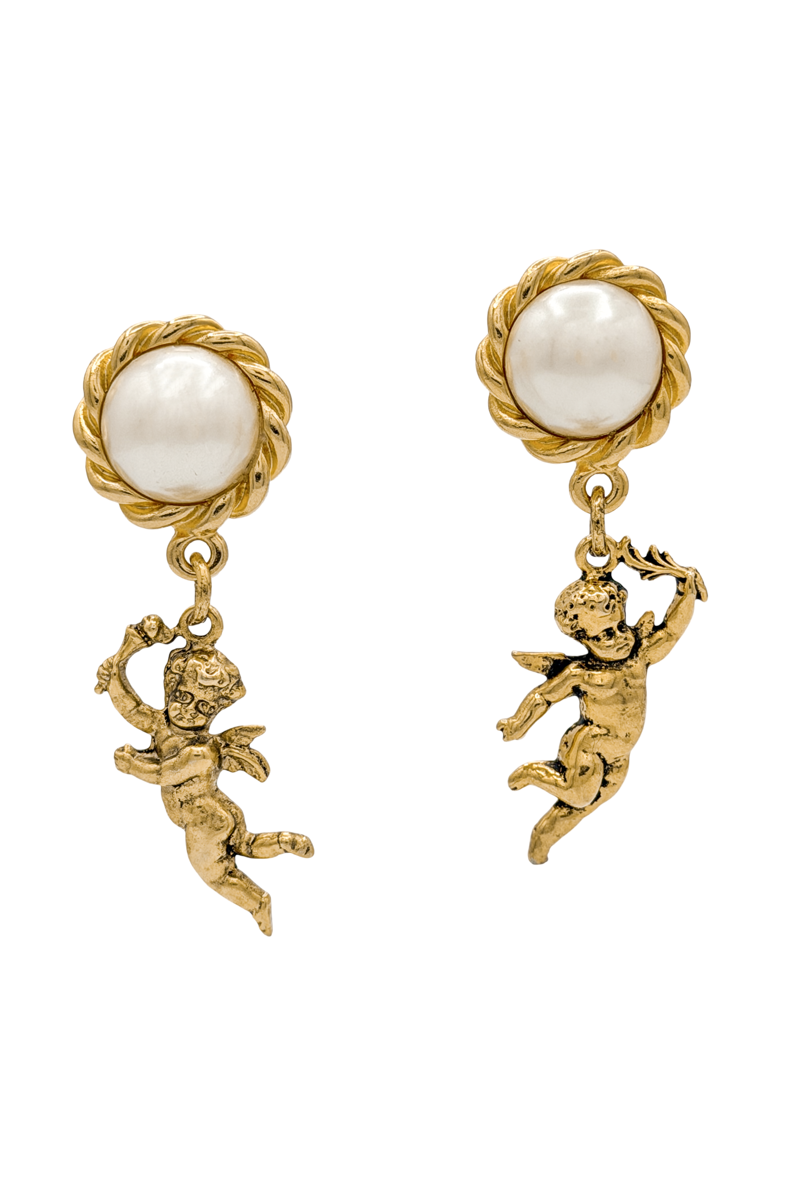 Moschino Gold Pearl Cherub Drop Earrings Moschino Gold Pearl Cherub Drop Earrings