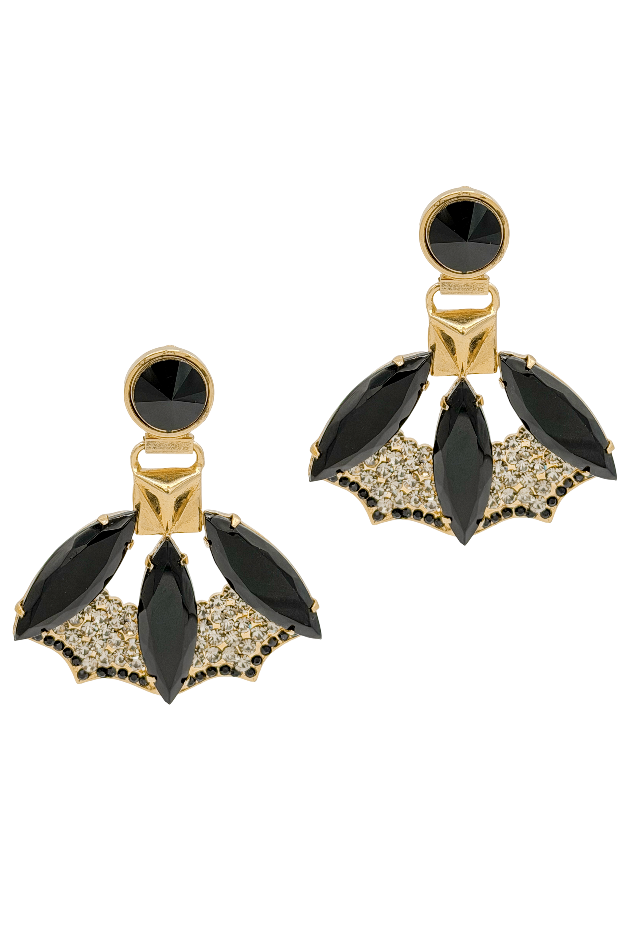 Etro Gold with Black Rhinestone and Pavé Crystal Fan Earrings Etro Gold with Black Rhinestone and Pavé Crystal Fan Earrings