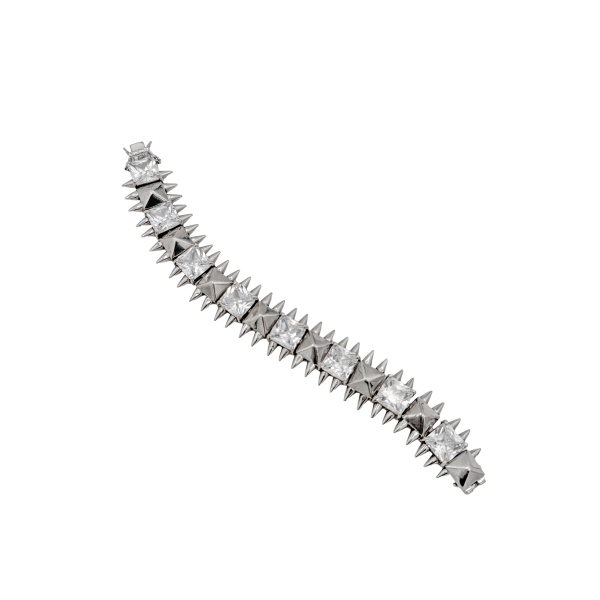 Noir Silver Pyramid Spike and Rhinestone Link Bracelet
