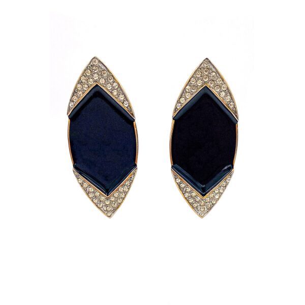 Valentino Silver Triangular Pentagon Vintage Black Enamel Rhinestone Earrings