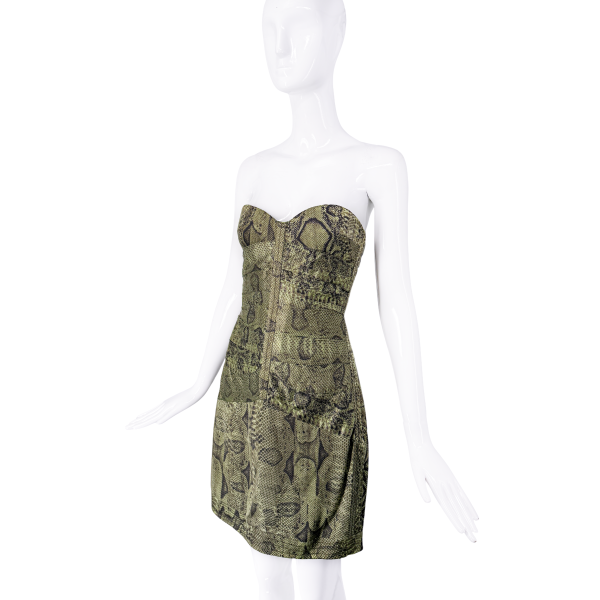 Roberto Cavalli Green Snake Print Strapless Corseted Dress