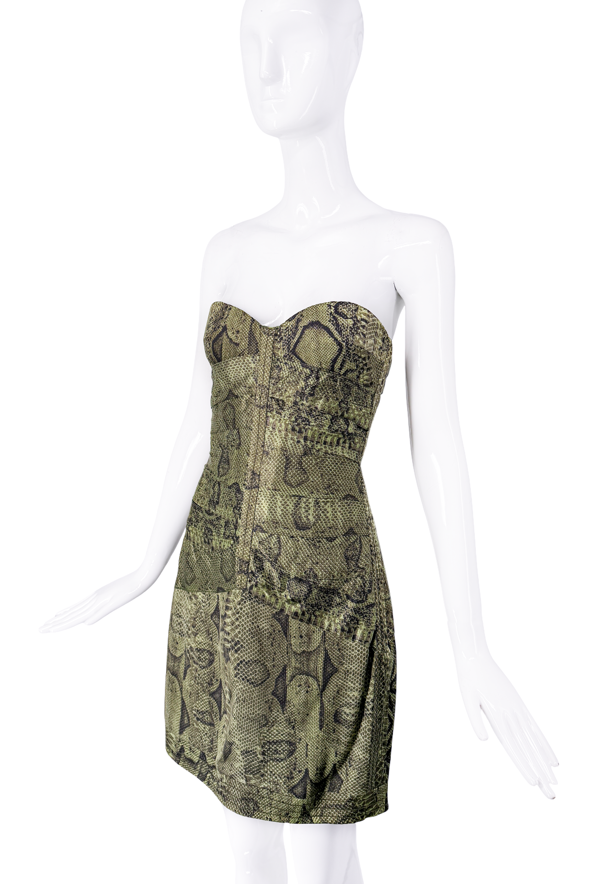 Roberto Cavalli Green Snake Print Strapless Corseted Dress Roberto Cavalli Green Snake Print Strapless Corseted Dress