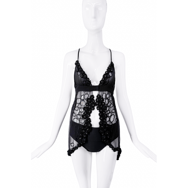 Roberto Cavalli Black Mesh Floral Crochet Open Front Draped Top