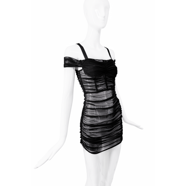 Daneille Guilin Black Mesh Ruched Mini Dress