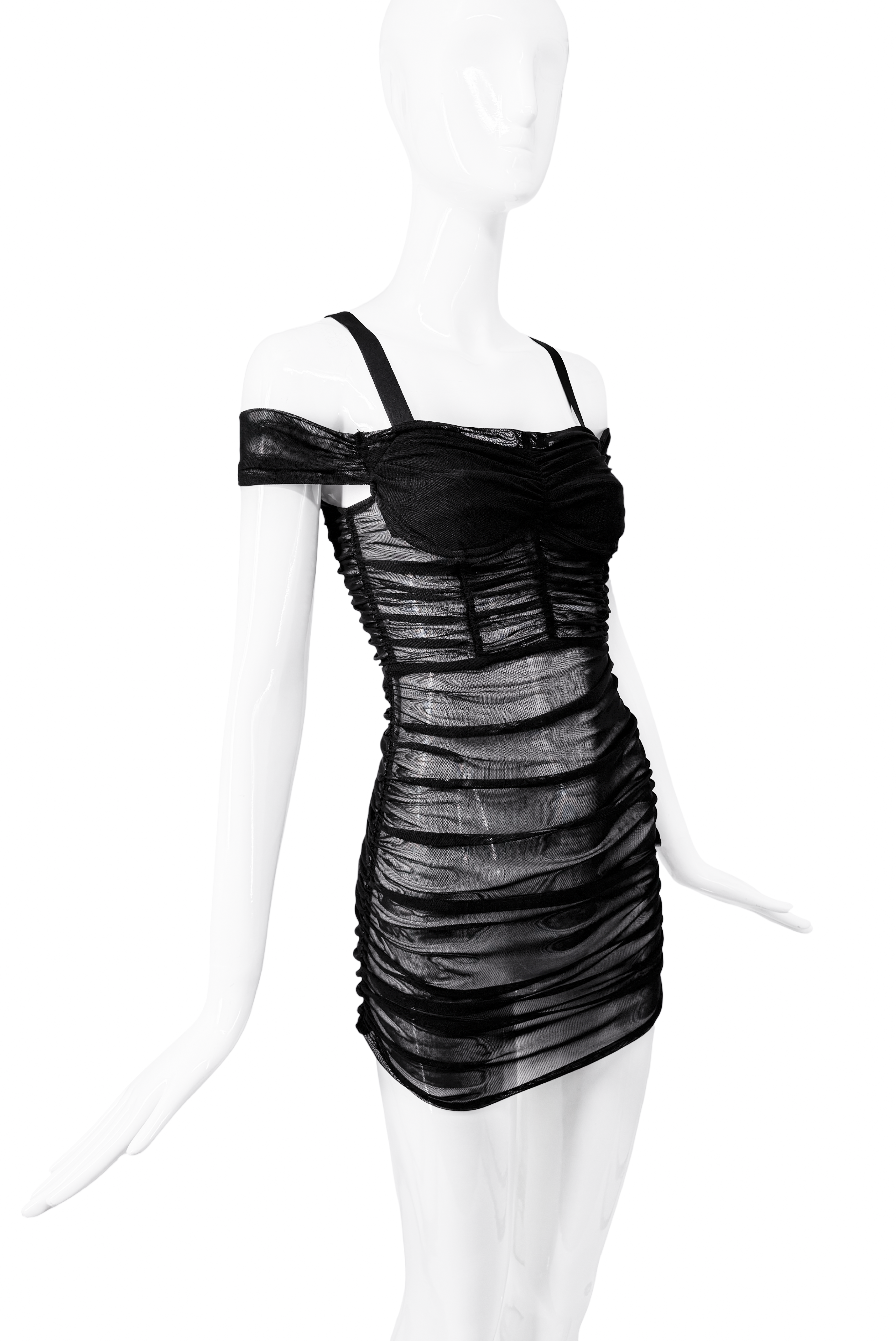 Daneille Guilin Black Mesh Ruched Mini Dress Daneille Guilin Black Mesh Ruched Mini Dress