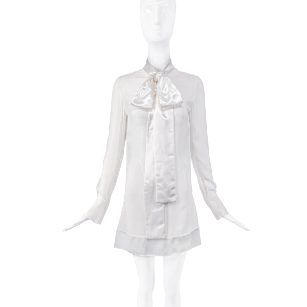 Givenchy White Silk Trim Bow Necktie Chiffon Sheer Longsleeve Blouse Dress