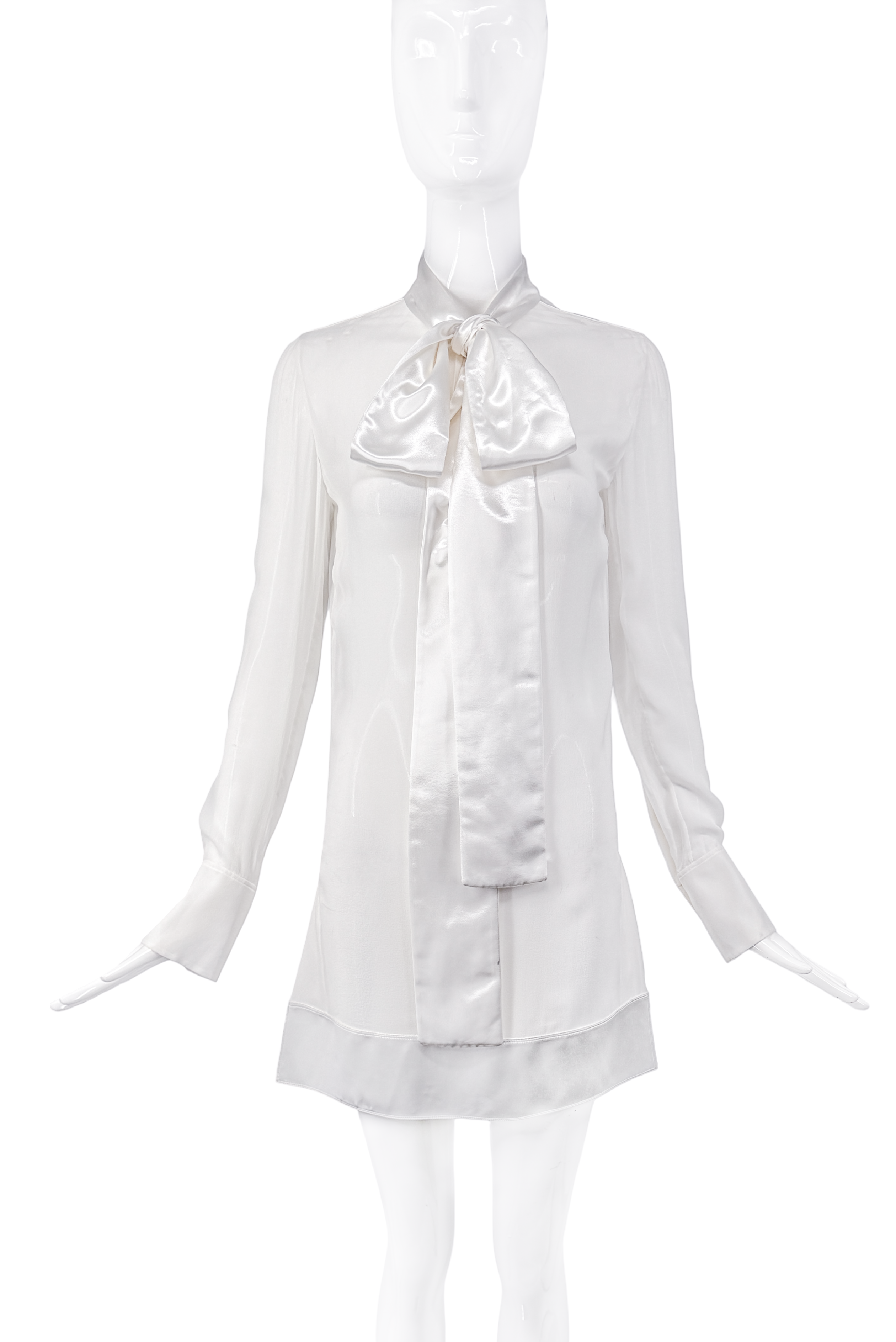 Givenchy White Silk Trim Bow Necktie Chiffon Sheer Longsleeve Blouse Dress Givenchy White Silk Trim Bow Necktie Chiffon Sheer Longsleeve Blouse Dress