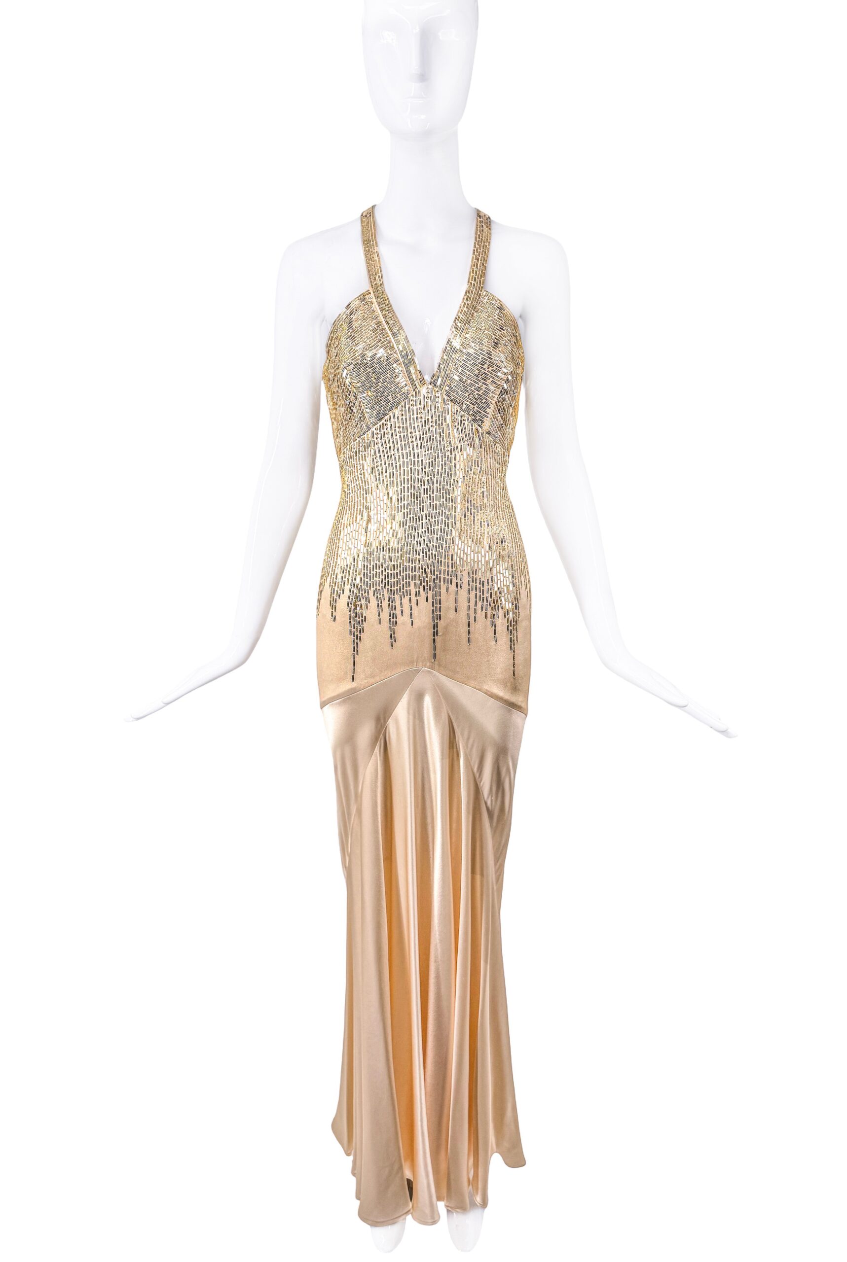Roberto Cavalli Gold Sequin Drop Waist Bias Cut Gown Roberto Cavalli Gold Sequin Drop Waist Bias Cut Gown
