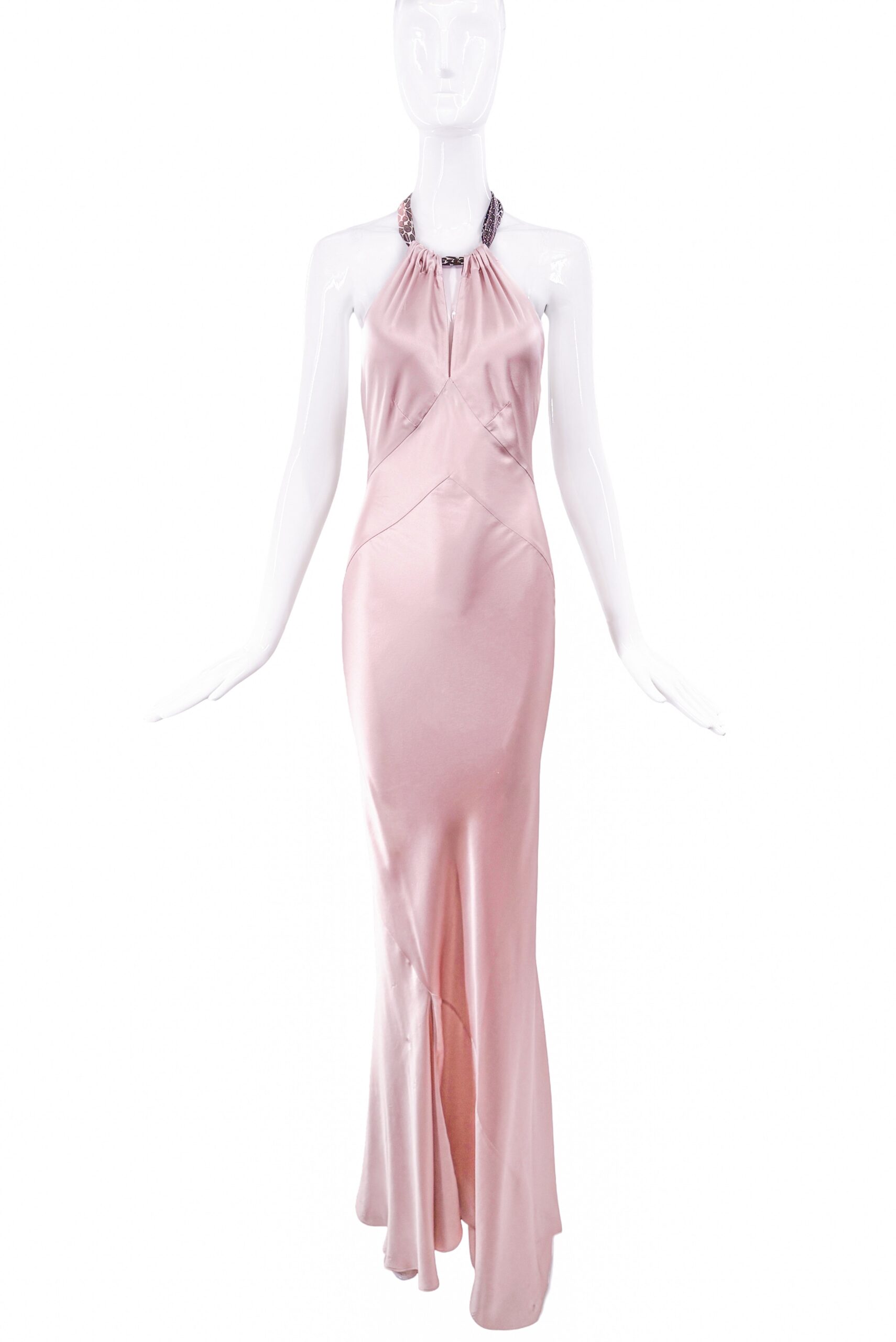 Roberto Cavalli Pink Silk Bias Cut Draped Halterneck Bow Dress Gown Roberto Cavalli Pink Silk Bias Cut Draped Halterneck Bow Dress Gown
