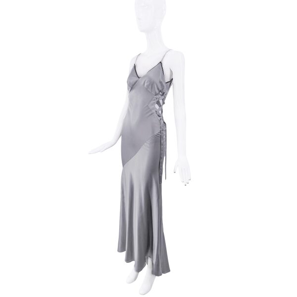 Roberto Cavalli Grey Silk Ribbon Cut Out Bias Cut Slip Dress Gown
