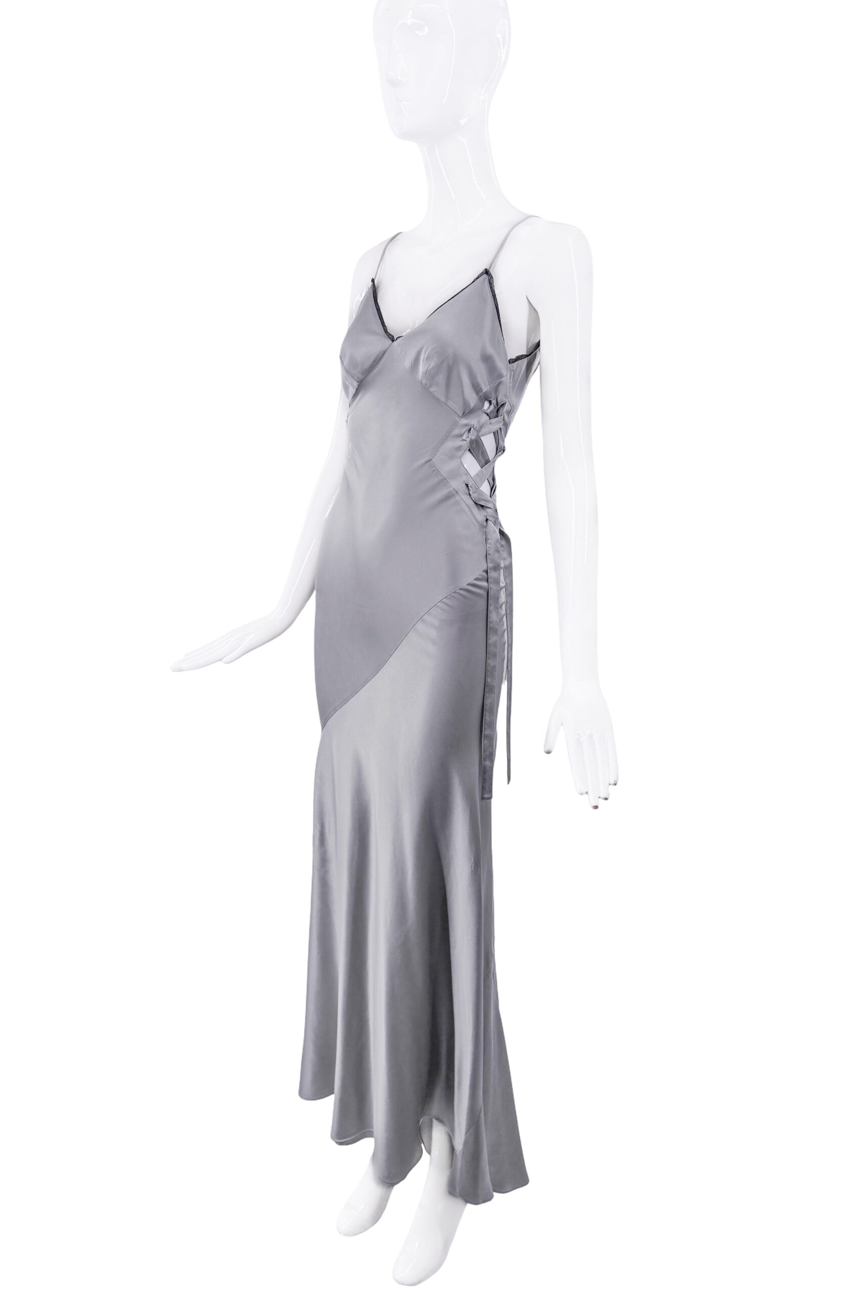 Roberto Cavalli Grey Silk Ribbon Cut Out Bias Cut Slip Dress Gown Roberto Cavalli Grey Silk Ribbon Cut Out Bias Cut Slip Dress Gown