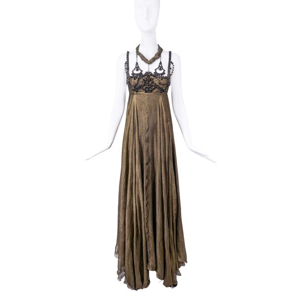 YSL Saint Laurent Gold and Black Crystal Embellished Empire Waist Dress Gown