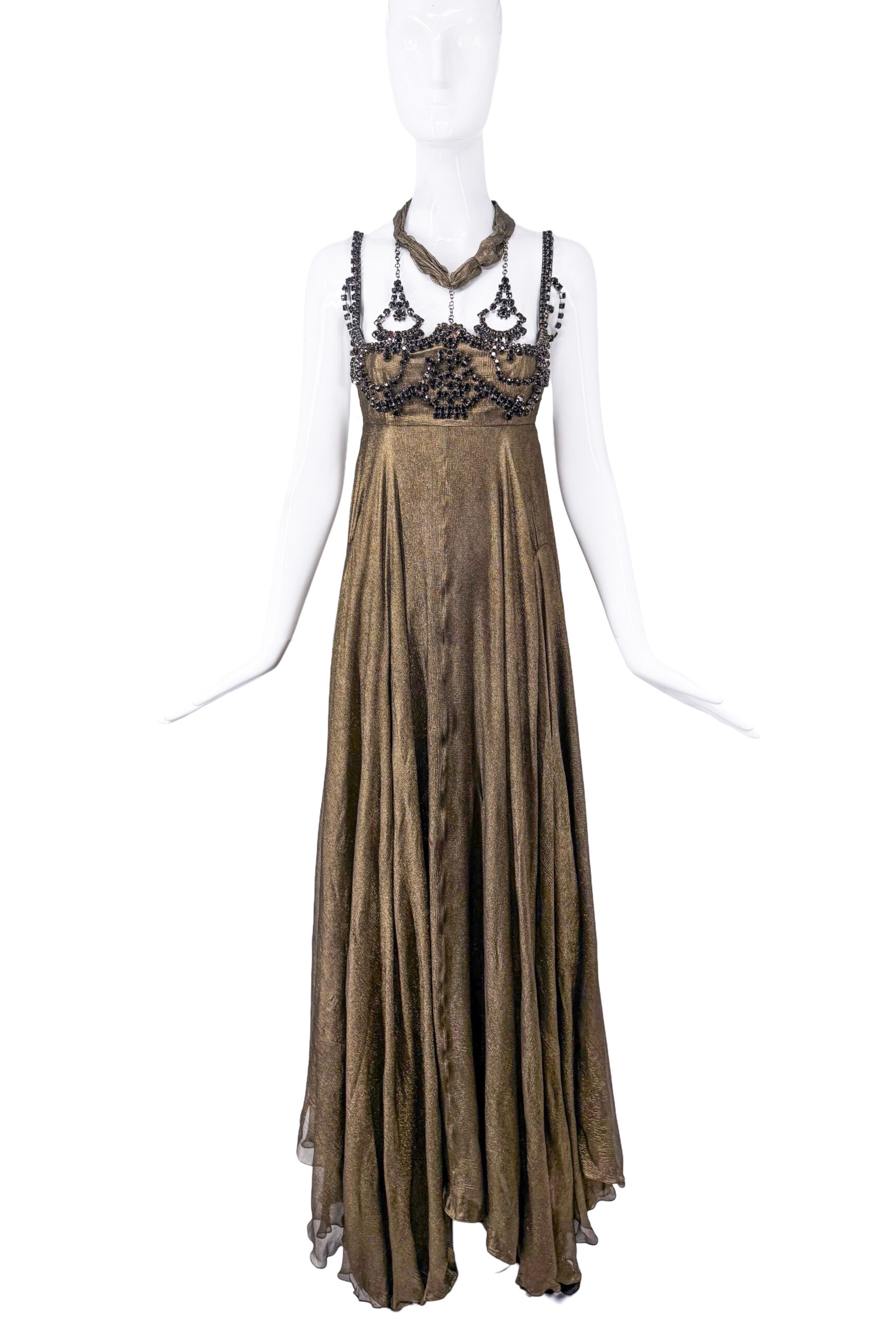 YSL Saint Laurent Gold and Black Crystal Embellished Empire Waist Dress Gown YSL Saint Laurent Gold and Black Crystal Embellished Empire Waist Dress Gown